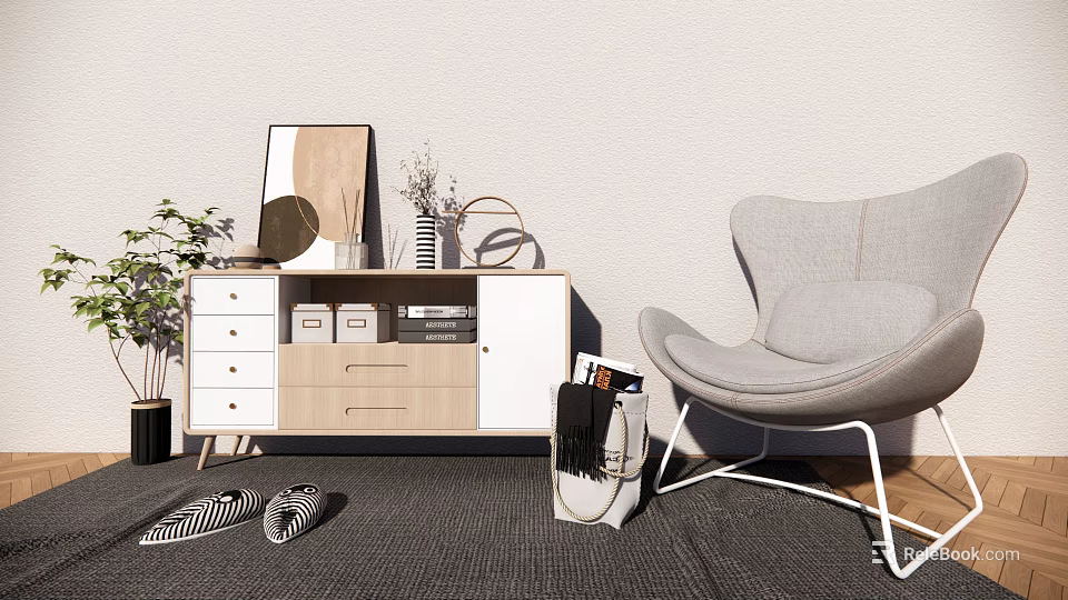 Wooden White Entryway Console Table With Drawers Storage Mirror Plant Gray Chair And Slippers 3d model 