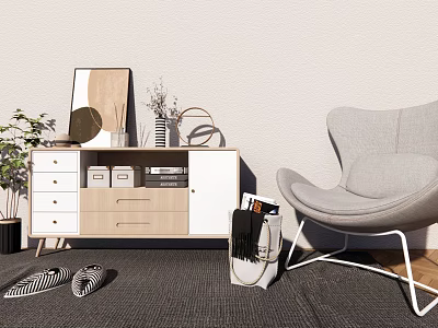 Wooden White Entryway Console Table With Drawers Storage Mirror Plant Gray Chair And Slippers 3d model