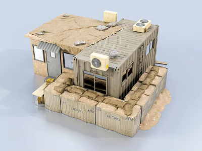 Temporary Container Building Surrounded By Sandbags And Wooden Crates With Roof Equipment 3d model