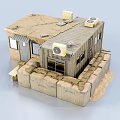 Temporary Container Building Surrounded By Sandbags And Wooden Crates With Roof Equipment