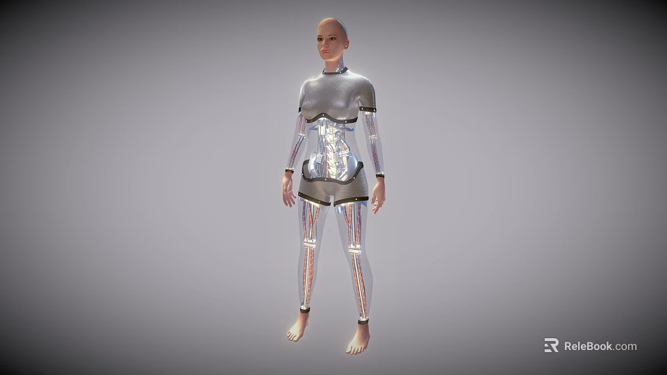 Humanoid Robot Character 3D Model With Metallic Armor And Transparent Lines 3d model 