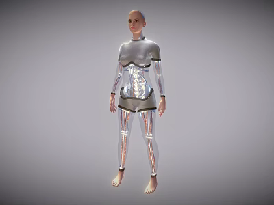 Humanoid Robot Character 3D Model With Metallic Armor And Transparent Lines 3d model