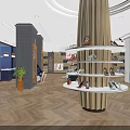 Elegant Shoe Bag Store Interior With Modern Design Wooden Column Display Shelves And Green Plant