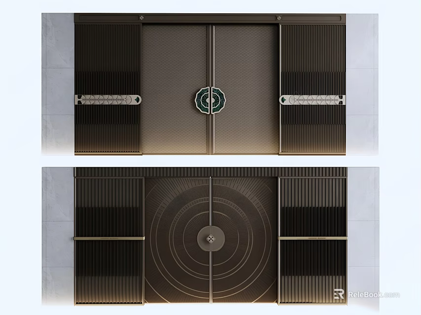 Elegant Modern Double Doors With Brass Accents Circular Design And Vertical Slats 3d model 
