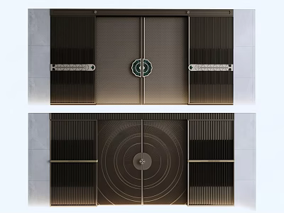 Elegant Modern Double Doors With Brass Accents Circular Design And Vertical Slats 3d model