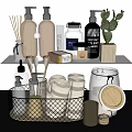Modern Bathroom Accessories Featuring Shampoo Bottles Rolled Towels Candles Storage Jars And Cactus Plant