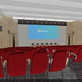 Conference Room Interior With Blue Chairs Large Screen Ceiling Lights And Wooden Accents
