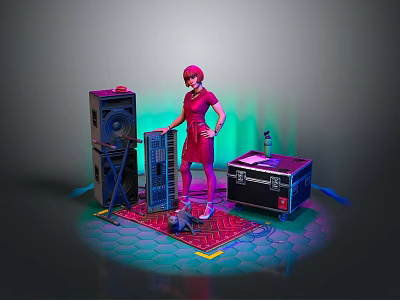 Professional Audio Equipment Setup With Speakers Mixer And Equipment Case 3d model