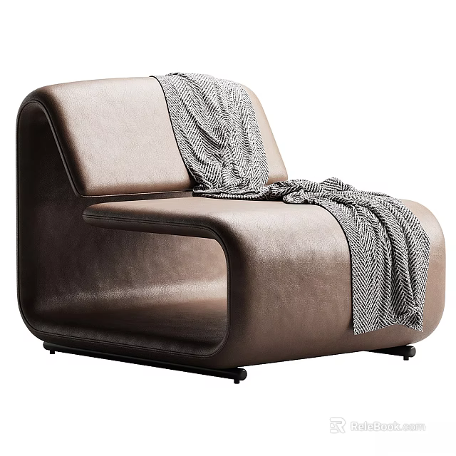Modern Design Brown Leather Single Seater Sofa With Gray Knitted Blanket 3d model 