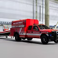 Red Fire Department Emergency Truck Towing Rescue Boat In Industrial Warehouse