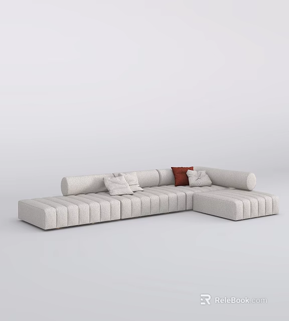 Beige Sectional Sofa With Modern Striped Stitching And Red Accent Cushions 3d model