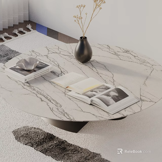 Modern Sofa Coffee Table Set With Marble Top Open Books Black Vase And Soft Rug 3d model 