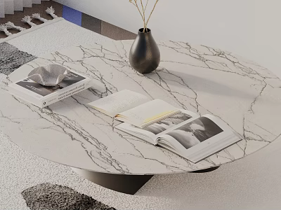 Modern Sofa Coffee Table Set With Marble Top Open Books Black Vase And Soft Rug 3d model