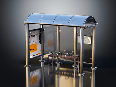 Public Bus Shelter With Blue Roof Metal Frame Bench And Information Board 3d model
