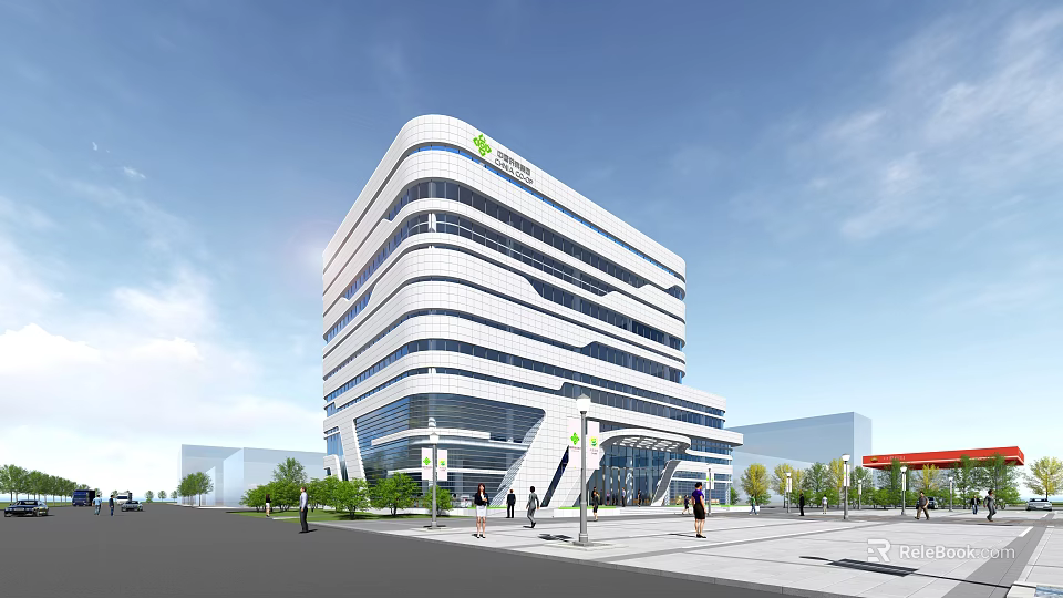 Modern Office Building Featuring White Exterior Sleek Lines And Surrounding Greenery 3d model 