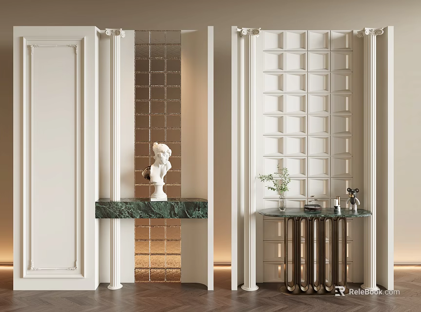Elegant Decorative Room Dividers With White Frames Glass Grid Lattice Panels And Marble Countertops 3d model 