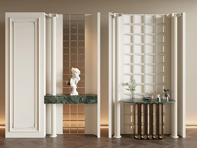 Elegant Decorative Room Dividers With White Frames Glass Grid Lattice Panels And Marble Countertops 3d model