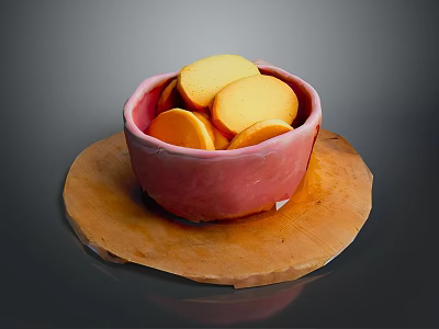 Fresh Yellow Round Sliced Food in Pink Bowl on Wooden Board Serving 3d model