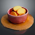 Fresh Yellow Round Sliced Food in Pink Bowl on Wooden Board Serving