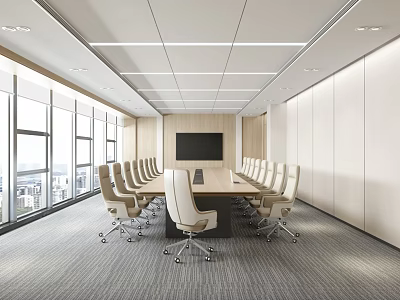 Modern Conference Room Interior With Long Table Chairs Large Windows And City View 3d model