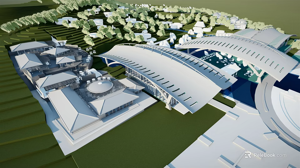 Modern Commercial Complex With Spacious Roof Green Landscaping And Water Features 3d model 