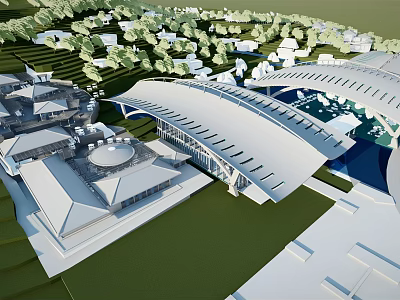 Modern Commercial Complex With Spacious Roof Green Landscaping And Water Features 3d model