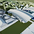 Modern Commercial Complex With Spacious Roof Green Landscaping And Water Features