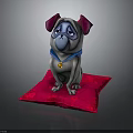Cartoon Pug Figure Sitting On Red Cushion Wearing Blue Collar With Gold Bell