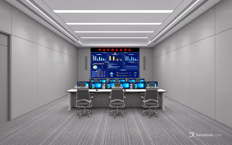 Court Control Room Interior With Multiple Digital Displays Workstations And Ergonomic Chairs 3d model