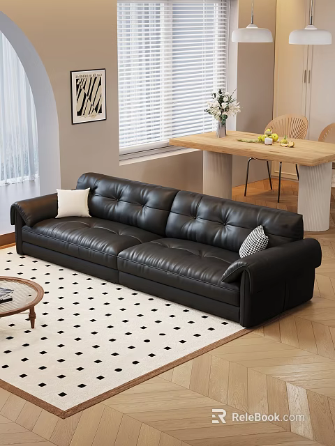 Large Black Leather Sofa With White And Checkered Pillows On Checkered Rug In Living Room 3d model 