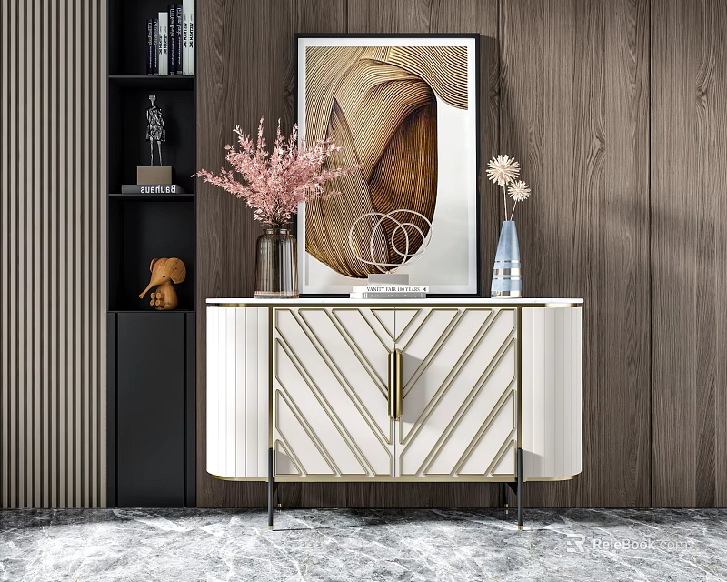 Elegant Modern Entryway Console And Side Cabinet With Decorative Painting Vase Flowers Wooden Wall 3d model 