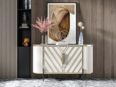 Elegant Modern Entryway Console And Side Cabinet With Decorative Painting Vase Flowers Wooden Wall 3d model