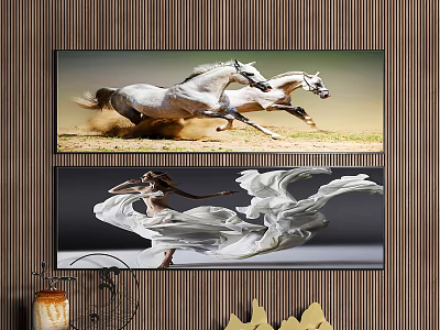 Running White Horses And Dancing Woman In White Flowing Dress Wall Art Prints 3d model