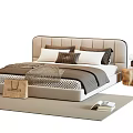 Modern Double Bed With Beige Upholstered Headboard Pillows Blanket And Side Rug