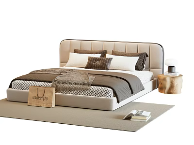 Modern Double Bed With Beige Upholstered Headboard Pillows Blanket And Side Rug 3d model