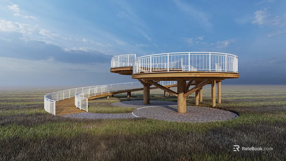 Elevated Spiral Walkway With White Railings And Wooden Supports In Open Grassland 3d model 