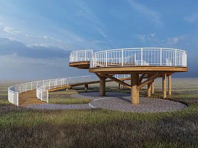Elevated Spiral Walkway With White Railings And Wooden Supports In Open Grassland 3d model