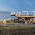 Elevated Spiral Walkway With White Railings And Wooden Supports In Open Grassland