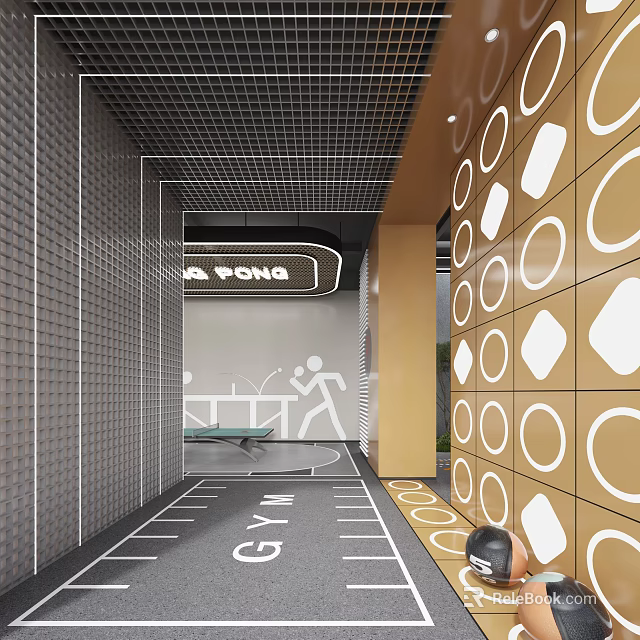 Gym Corridor Interior With Grid Ceiling Lighting And Circular Square Wall Decor 3d model