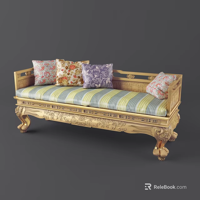 Golden Carved Frame Multi Seater Sofa With Striped Cushion And Colorful Patterned Pillows 3d model 
