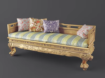 Golden Carved Frame Multi Seater Sofa With Striped Cushion And Colorful Patterned Pillows 3d model