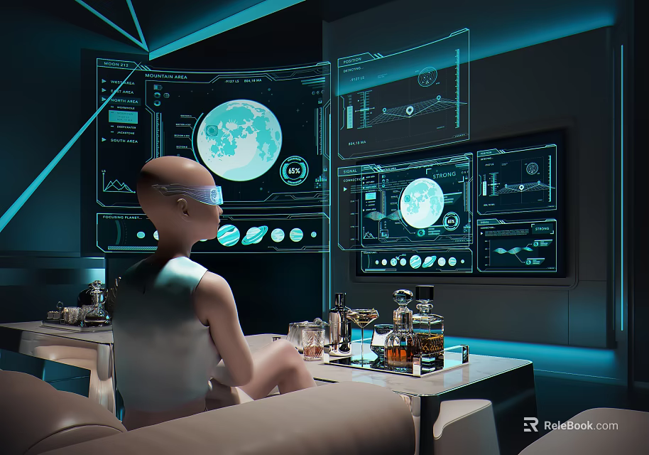 Tech Inspired Interior With AR Glasses Digital Screens Earth Display And Drinks On Table 3d model 