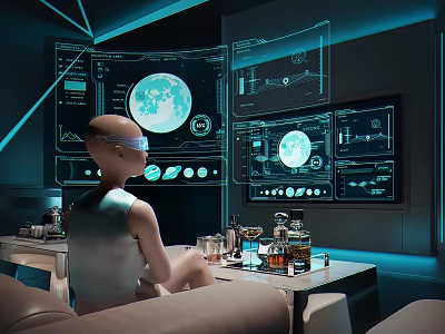 Tech Inspired Interior With AR Glasses Digital Screens Earth Display And Drinks On Table 3d model