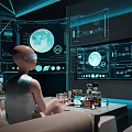 Tech Inspired Interior With AR Glasses Digital Screens Earth Display And Drinks On Table 3d model