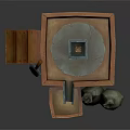 Traditional Stone Mill Setup With Wooden Frame Burlap Sacks And Mortar On Stand