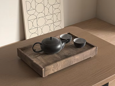 Elegant Black Tea Set With Teapot And Teacups On Wooden Tray By Geometric Painting 3d model