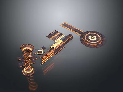 Futuristic Architecture Design With Spiral Structures And Geometric Golden Metallic Elements 3d model