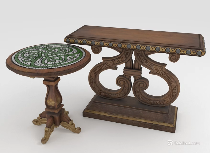 Classical Wooden Furniture Including Round Mosaic Table And Rectangular Carved Leg Table With Decorative Accents 3d model 
