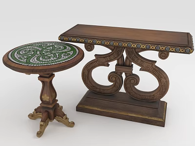 Classical Wooden Furniture Including Round Mosaic Table And Rectangular Carved Leg Table With Decorative Accents 3d model