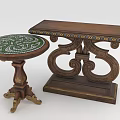 Classical Wooden Furniture Including Round Mosaic Table And Rectangular Carved Leg Table With Decorative Accents